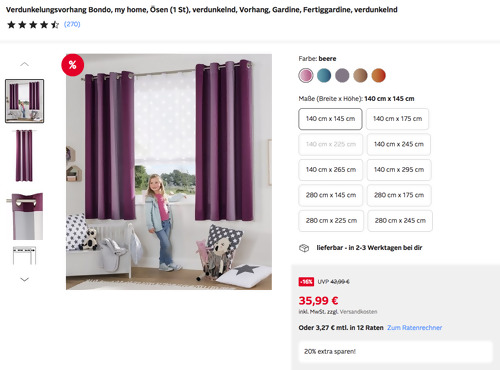 Otto.de - 20% Rabatt auf Gardinen und Sichtschutz: z.B. my home 140 cm x 145 cm Verdunkelungsvorhang "Bondo" in Beere Otto.de - 20% Rabatt auf Gardinen und Sichtschutz: z.B. my home 140 cm x 145 cm Verdunkelungsvorhang "Bondo" in Beere