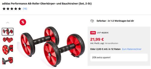 Otto.de - 20% Rabatt auf Mode und Fitnessgeräte von adidas: z.B. adidas Performance 2-tlg. AB-Roller Oberkörper- und Bauchtrainer Set Otto.de - 20% Rabatt auf Mode und Fitnessgeräte von adidas: z.B. adidas Performance 2-tlg. AB-Roller Oberkörper- und Bauchtrainer Set