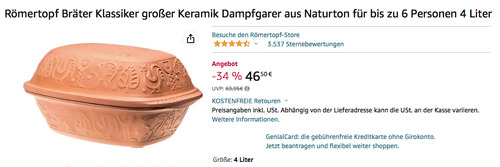 Römertopf Bräter Klassiker 4 Liter - Keramik Dampfgarer aus Naturton für bis zu 6 Personen - jetzt 11% billiger