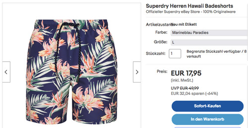 Superdry Herren Hawaii Badeshorts, versch. Farben und Größen (S-XXL) Superdry Herren Hawaii Badeshorts, versch. Farben und Größen (S-XXL)