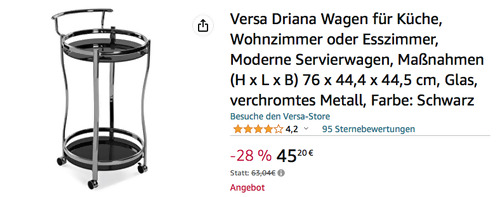 Versa Driana 76 x 44,4 x 44,5 cm Servierwagen in Schwarz (Glas, verchromtes Metall) - jetzt 28% billiger