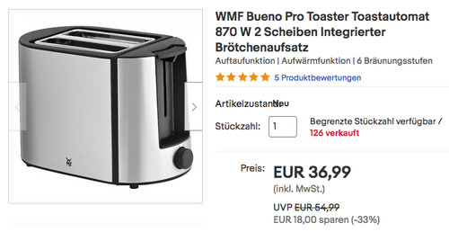 WMF Bueno Pro Toaster (2 Scheiben, 6 Bräunungsstufen, Edelstahl) - jetzt 16% billiger WMF Bueno Pro Toaster (2 Scheiben, 6 Bräunungsstufen, Edelstahl) - jetzt 16% billiger