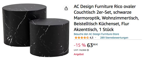 AC Design Furniture Rico ovaler Couchtisch 2er-Set in Schwarz, MDF mit Marmoroptik AC Design Furniture Rico ovaler Couchtisch 2er-Set in Schwarz, MDF mit Marmoroptik