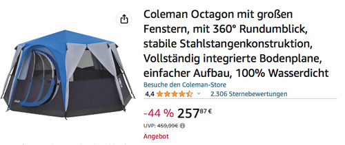 Coleman Octagon 8 Familienzelt in Blau, 3,96 x 3,96 x 2,15 m Coleman Octagon 8 Familienzelt in Blau, 3,96 x 3,96 x 2,15 m