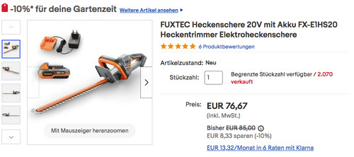 Ebay - 10% Rabatt auf Garten & Terrasse: z.B. FUXTEC FX-E1HS20 20V Heckenschere mit Akku Ebay - 10% Rabatt auf Garten & Terrasse: z.B. FUXTEC FX-E1HS20 20V Heckenschere mit Akku