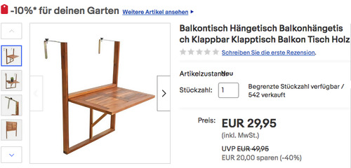 ESTEXO 512469 59 x 41 cm Balkonhängetisch, Akazienholz ESTEXO 512469 59 x 41 cm Balkonhängetisch, Akazienholz