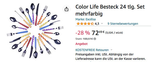 Excelsa 60564 Color Life 24 tlg. Besteck-Set, mehrfarbig Excelsa 60564 Color Life 24 tlg. Besteck-Set, mehrfarbig