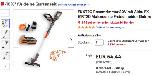 FX-E1RT20 20V Akku-Rasentrimmer mit Freischneider, inkl. Akku und Ladegerät - jetzt 20% billiger FX-E1RT20 20V Akku-Rasentrimmer mit Freischneider, inkl. Akku und Ladegerät - jetzt 20% billiger