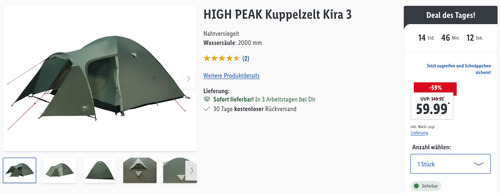 HIGH PEAK Kuppelzelt Kira 3 in Dunkeloliv/Helloliv, bis zu 3 Personen - jetzt 33% billiger HIGH PEAK Kuppelzelt Kira 3 in Dunkeloliv/Helloliv, bis zu 3 Personen - jetzt 33% billiger