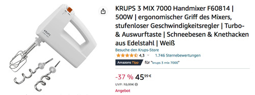 KRUPS 3 MIX 7000 Handmixer F60814 in Weiß, 500 Watt - jetzt 10% billiger