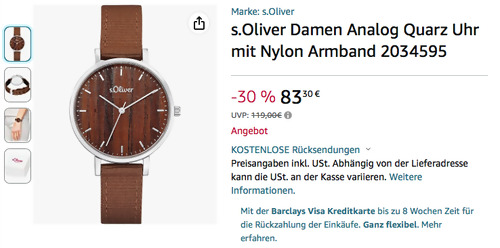 s.Oliver 2034595 Damen Analog Quarz Uhr - Armbanduhr in Holz-Optik s.Oliver 2034595 Damen Analog Quarz Uhr - Armbanduhr in Holz-Optik