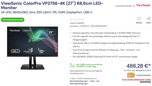 ViewSonic ColorPro VP2756-4K (27") 68,6cm LED-Monitor (4K UHD, IPS, HDMI, DisplayPort, USB-C ViewSonic ColorPro VP2756-4K (27") 68,6cm LED-Monitor (4K UHD, IPS, HDMI, DisplayPort, USB-C