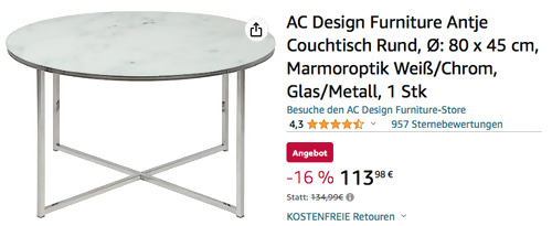 AC Design Furniture "Antje" Couchtisch in Marmoroptik Weiß/Chrom, Ø: 80 x 45 cm - jetzt 16% billiger AC Design Furniture "Antje" Couchtisch in Marmoroptik Weiß/Chrom, Ø: 80 x 45 cm - jetzt 16% billiger