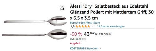 Alessi "Dry" Salatbesteck, Edelstahl 30 cm - jetzt 17% billiger Alessi "Dry" Salatbesteck, Edelstahl 30 cm - jetzt 17% billiger