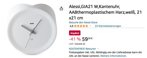 Alessi GIA21 W Eckenuhr, 21 x21 cm - jetzt 15% billiger Alessi GIA21 W Eckenuhr, 21 x21 cm - jetzt 15% billiger
