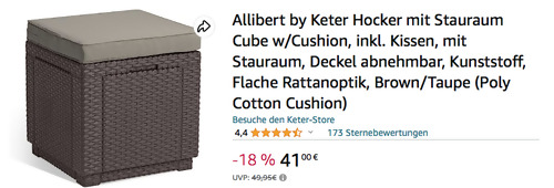 Allibert by Keter Hocker mit Stauraum in Braun, 42 x 42 x 39 cm Allibert by Keter Hocker mit Stauraum in Braun, 42 x 42 x 39 cm