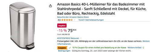 Amazon Basics 40-L-Mülleimer Narrow mit Stahlrohrpedal, Edelstahl - jetzt 23% billiger