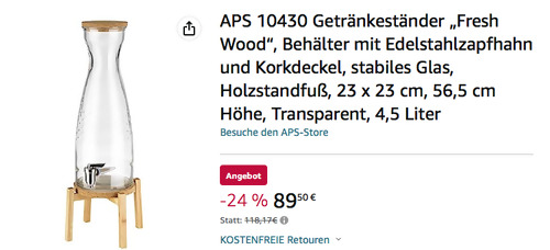 APS 10430 4,5 Liter Getränkeständer Fresh Wood (Glas, Edelstahlzapfhahn, Korkdeckel, Holzstandfuß) - jetzt 10% billiger
