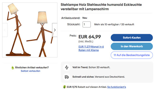 Ebay - 15% Rabatt auf ausgewählte Marken: z.B. Costway Art Figure Holz Stehleuchte, 160 cm - jetzt 15% billiger Ebay - 15% Rabatt auf ausgewählte Marken: z.B. Costway Art Figure Holz Stehleuchte, 160 cm - jetzt 15% billiger