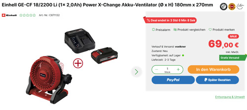 Einhell GE-CF 18/2200 Li (1x 2,0Ah) Power X-Change Akku-Ventilator Einhell GE-CF 18/2200 Li (1x 2,0Ah) Power X-Change Akku-Ventilator