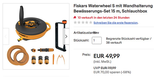 Fiskars 1026374 Waterwheel S 15 m Bewässerungs-Set, mit Wandhalterung - jetzt 17% billiger