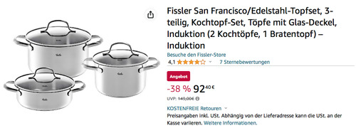 Fissler 3-tlg. San Francisco/Edelstahl-Topfset (2 Kochtöpfe, 1 Bratentopf) - jetzt 15% billiger Fissler 3-tlg. San Francisco/Edelstahl-Topfset (2 Kochtöpfe, 1 Bratentopf) - jetzt 15% billiger