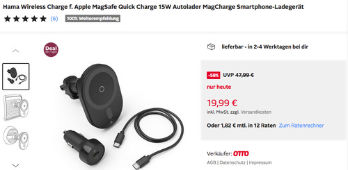 Hama MagCharge Car FC15 Smartphone-Ladegerät (Wireless Charge f. Apple MagSafe Quick Charge 15W) - jetzt 32% billiger