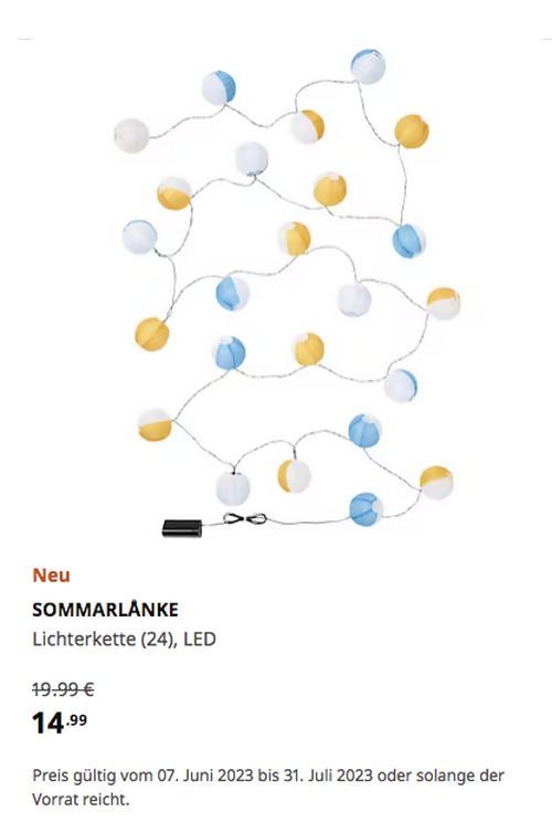 IKEA Essen - SOMMARLÅNKE Lichterkette (24), LED, Dekoration blau/gelb/batteriebetrieben für draußen - jetzt 25% billiger