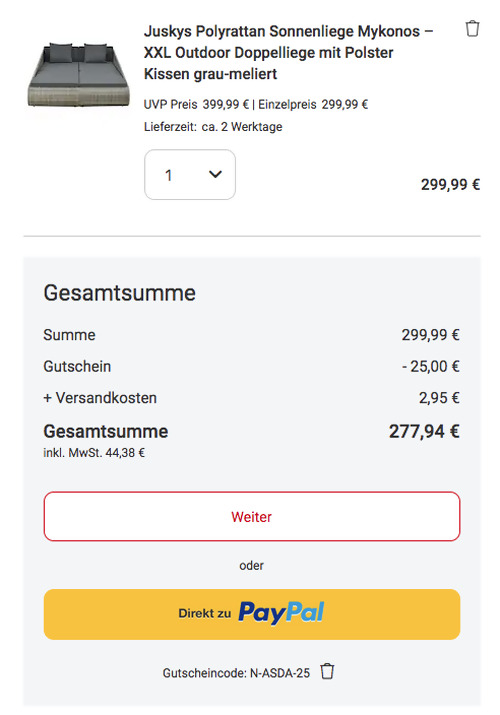 Juskys Polyrattan XXL Sonnenliege "Mykonos" in Grau oder Schwarz, 142x200 cm - jetzt 21% billiger