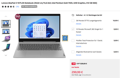 Lenovo IdeaPad 3 15ITL05 39,62 cm/15,6 Zoll Notebook (Intel Pentium Gold 7505, 512 GB SSD, Windows 11 Home) Lenovo IdeaPad 3 15ITL05 39,62 cm/15,6 Zoll Notebook (Intel Pentium Gold 7505, 512 GB SSD, Windows 11 Home)