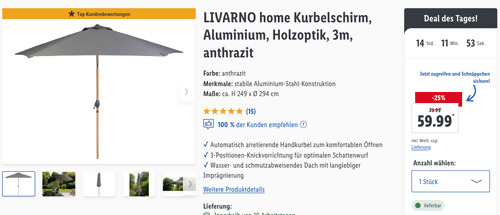 LIVARNO home 3m Kurbelschirm in Anthrazit, 3-Positionen-Knickvorrichtung - jetzt 23% billiger