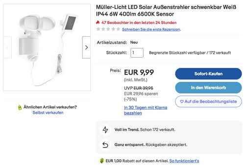 Müller-Licht LED Solar Außenstrahler in Weiß (IP44, 6W, 400lm, 6500K, Sensor) - jetzt 55% billiger