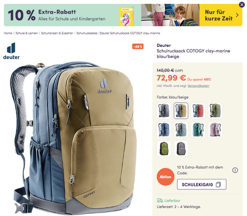 myToys.de - 10% Extra-Rabatt auf Schule und Kindergarten: z.B. Deuter Schulrucksack COTOGY in Clay-Marine, 26 Liter myToys.de - 10% Extra-Rabatt auf Schule und Kindergarten: z.B. Deuter Schulrucksack COTOGY in Clay-Marine, 26 Liter