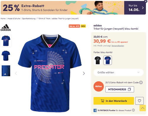 myToys.de - 25% Extra-Rabatt auf T-Shirts, Shorts & Sandalen für Kinder: z.B. adidas Predator Trikot für Jungen in Blau-Kombi (140-176) myToys.de - 25% Extra-Rabatt auf T-Shirts, Shorts & Sandalen für Kinder: z.B. adidas Predator Trikot für Jungen in Blau-Kombi (140-176)
