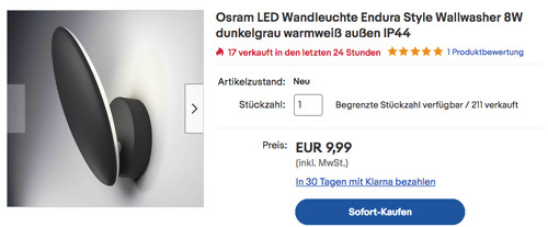 Osram LED Wandleuchte "Endura Style Wallwasher" (8W, warmweiß, IP44) Osram LED Wandleuchte "Endura Style Wallwasher" (8W, warmweiß, IP44)