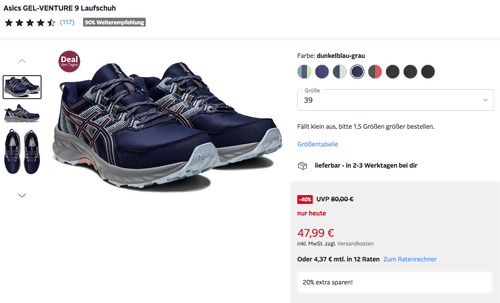 Otto.de - 20% Rabatt auf Mode, Wohnen & mehr: z.B. Asics GEL-VENTURE 9 Damen Laufschuh in Dunkelblau-Grau Otto.de - 20% Rabatt auf Mode, Wohnen & mehr: z.B. Asics GEL-VENTURE 9 Damen Laufschuh in Dunkelblau-Grau