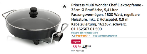 Princess 162367 5,4 Liter Multi Wonder Chef Elektropfanne, 35cm Ø Bratfläche - jetzt 18% billiger