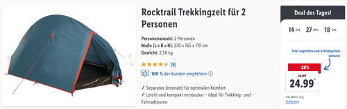 Rocktrail Trekkingzelt für 2 Personen (270 x 165 x 110 cm, 2,56 kg, 3000 mm Wassersäule) Rocktrail Trekkingzelt für 2 Personen (270 x 165 x 110 cm, 2,56 kg, 3000 mm Wassersäule)