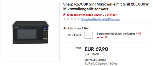 Sharp R670BK 2in1 Mikrowelle mit Grill, 20L - jetzt 22% billiger Sharp R670BK 2in1 Mikrowelle mit Grill, 20L - jetzt 22% billiger