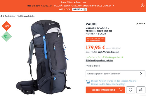 SportScheck.com - 25% Rabatt auf ausgewählte Artikel: z.B. VAUDE Khumbu IV 65+10 Herren Trekkingrucksack in Black SportScheck.com - 25% Rabatt auf ausgewählte Artikel: z.B. VAUDE Khumbu IV 65+10 Herren Trekkingrucksack in Black
