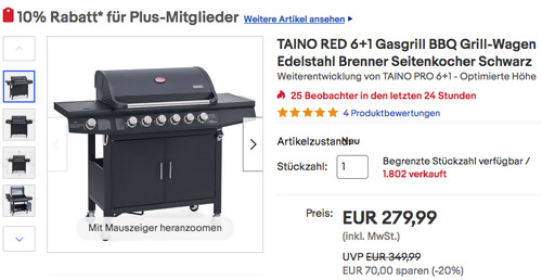 TAINO RED 6+1 Gasgrill (6x Hauptbrenner aus Edelstahl, ca. 77 x 42 cm Grillfläche) - jetzt 10% billiger TAINO RED 6+1 Gasgrill (6x Hauptbrenner aus Edelstahl, ca. 77 x 42 cm Grillfläche) - jetzt 10% billiger