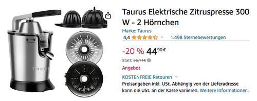 Taurus  Easy Press 300 Zitruspresse mit 2 Hörnchen, 300 W Motor - jetzt 20% billiger