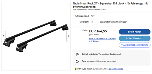 Thule SmartRack XT Squarebar 135 Dachträger (für Fahrzeuge mit offener Dachreling) Thule SmartRack XT Squarebar 135 Dachträger (für Fahrzeuge mit offener Dachreling)