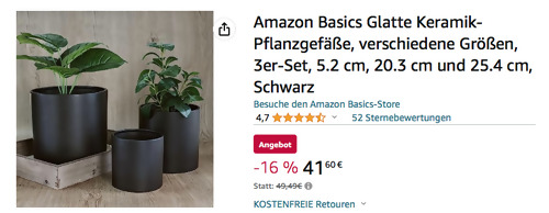 Amazon Basics Glatte Keramik-Pflanzgefäße 3er-Set in Schwarz (15.2, 20.3 und 25.4 cm Durchmesser) - jetzt 16% billiger Amazon Basics Glatte Keramik-Pflanzgefäße 3er-Set in Schwarz (15.2, 20.3 und 25.4 cm Durchmesser) - jetzt 16% billiger