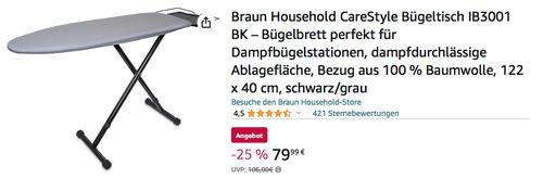 Braun Household CareStyle Bügeltisch IB3001 BK, 122 x 40 cm - jetzt 13% billiger Braun Household CareStyle Bügeltisch IB3001 BK, 122 x 40 cm - jetzt 13% billiger