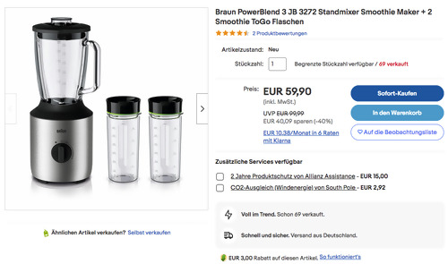 Braun PowerBlend 3 JB 3272 Standmixer Smoothie Maker inkl. 2 Smoothie ToGo Flaschen - jetzt 23% billiger