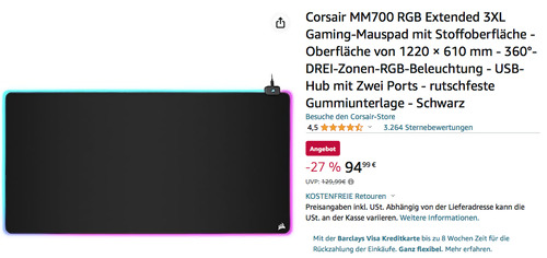 Corsair MM700 RGB Extended 3XL Gaming-Mauspad mit Stoffoberfläche, 1220 × 610 mm Corsair MM700 RGB Extended 3XL Gaming-Mauspad mit Stoffoberfläche, 1220 × 610 mm