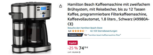 Hamilton 49980A-CE Beach Kaffeemaschine mit zweifachem Brühsystem in Edelstahl-Schwarz, 1,8 Liter - jetzt 25% billiger Hamilton 49980A-CE Beach Kaffeemaschine mit zweifachem Brühsystem in Edelstahl-Schwarz, 1,8 Liter - jetzt 25% billiger