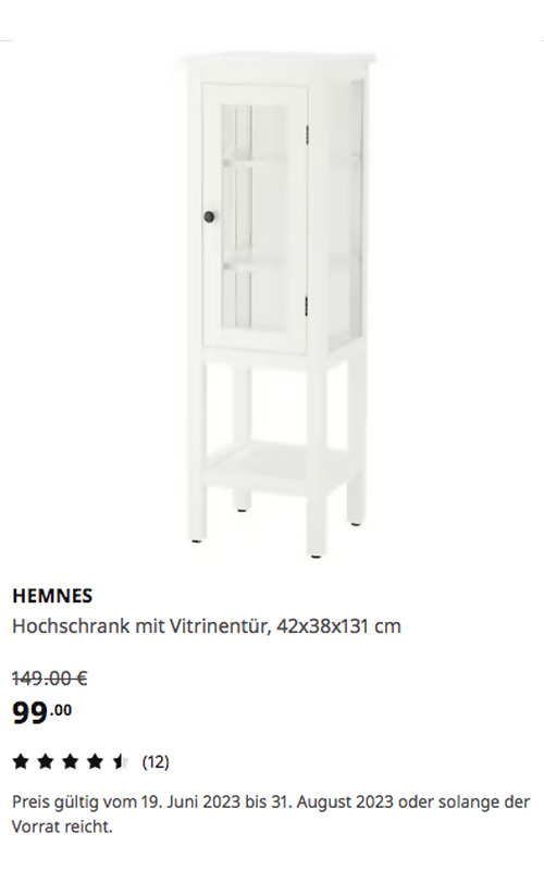 IKEA Hamburg-Altona - HEMNES Hochschrank mit Vitrinentür, weiß, 42x38x131 cm - jetzt 34% billiger