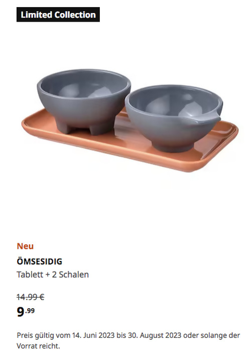 IKEA München-Brunnthal - ÖMSESIDIG Tablett + 2 Schalen, orange/grau, Steinzeug - jetzt 33% billiger
